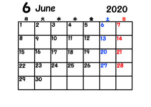 2020年 シンプル月間カレンダー 月曜始まり 令和2年6月