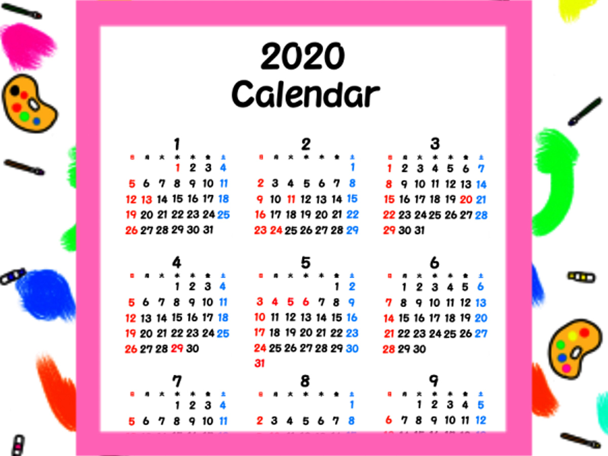 令和2年年間カレンダーシンプル　無料ダウンロード・印刷　2020年1月～12月