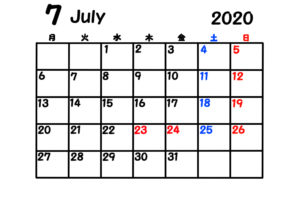 2020年　シンプル月間カレンダー　月曜始まり　令和2年7月