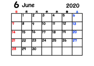 2020年　シンプル月間カレンダー　日曜始まり　令和2年6月