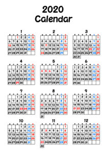 2020年　シンプル年間カレンダー　令和2年　月曜始まり