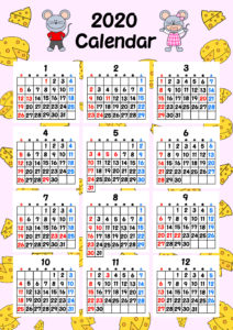 令和2年　ねずみ　年間カレンダー　月曜始まり