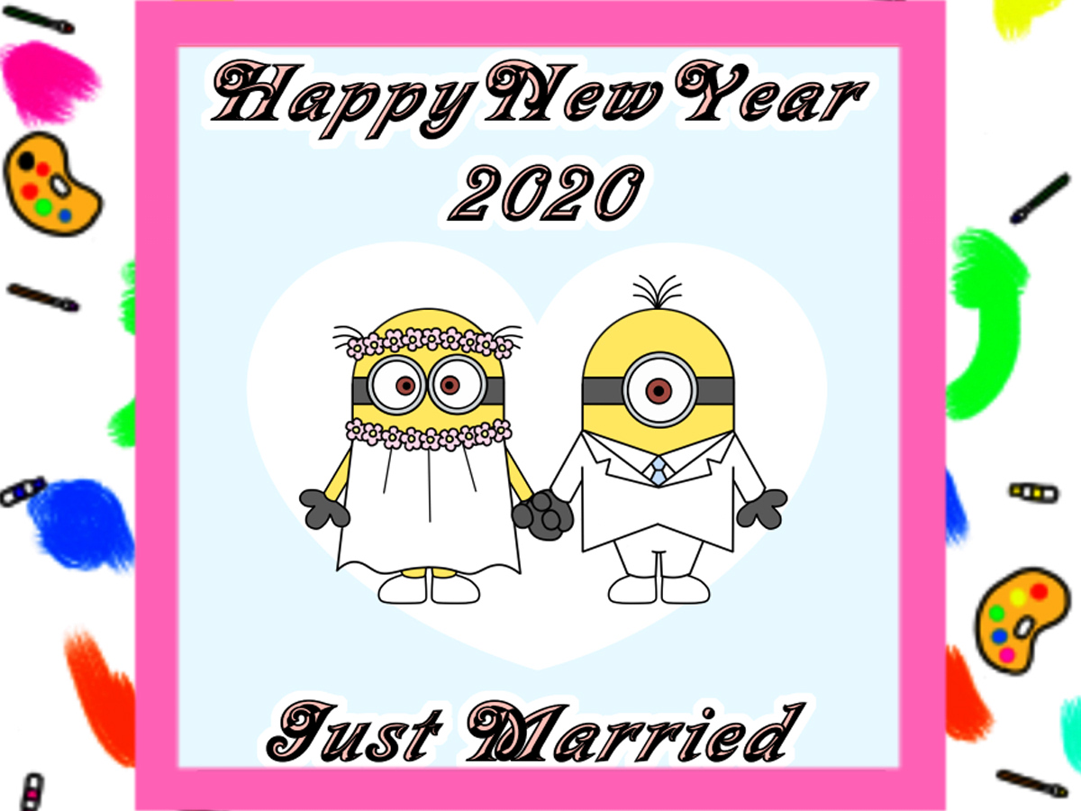 年賀状結婚報告写真なし　2020年ミニオンズ風イラストの無料テンプレート