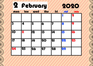 2020年月間カレンダー　ガーリーデザイン　月曜始まり2月
