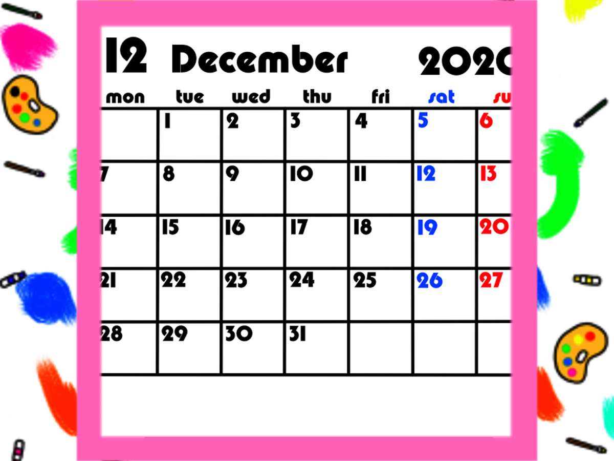 カレンダー2020年　月間シンプル背景透過　月曜始まり　無料ダウンロード・印刷