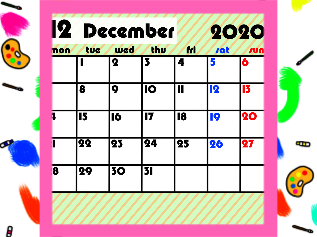 ガーリーデザイン　2020年　月間カレンダー　月曜始まり　無料ダウンロード・印刷