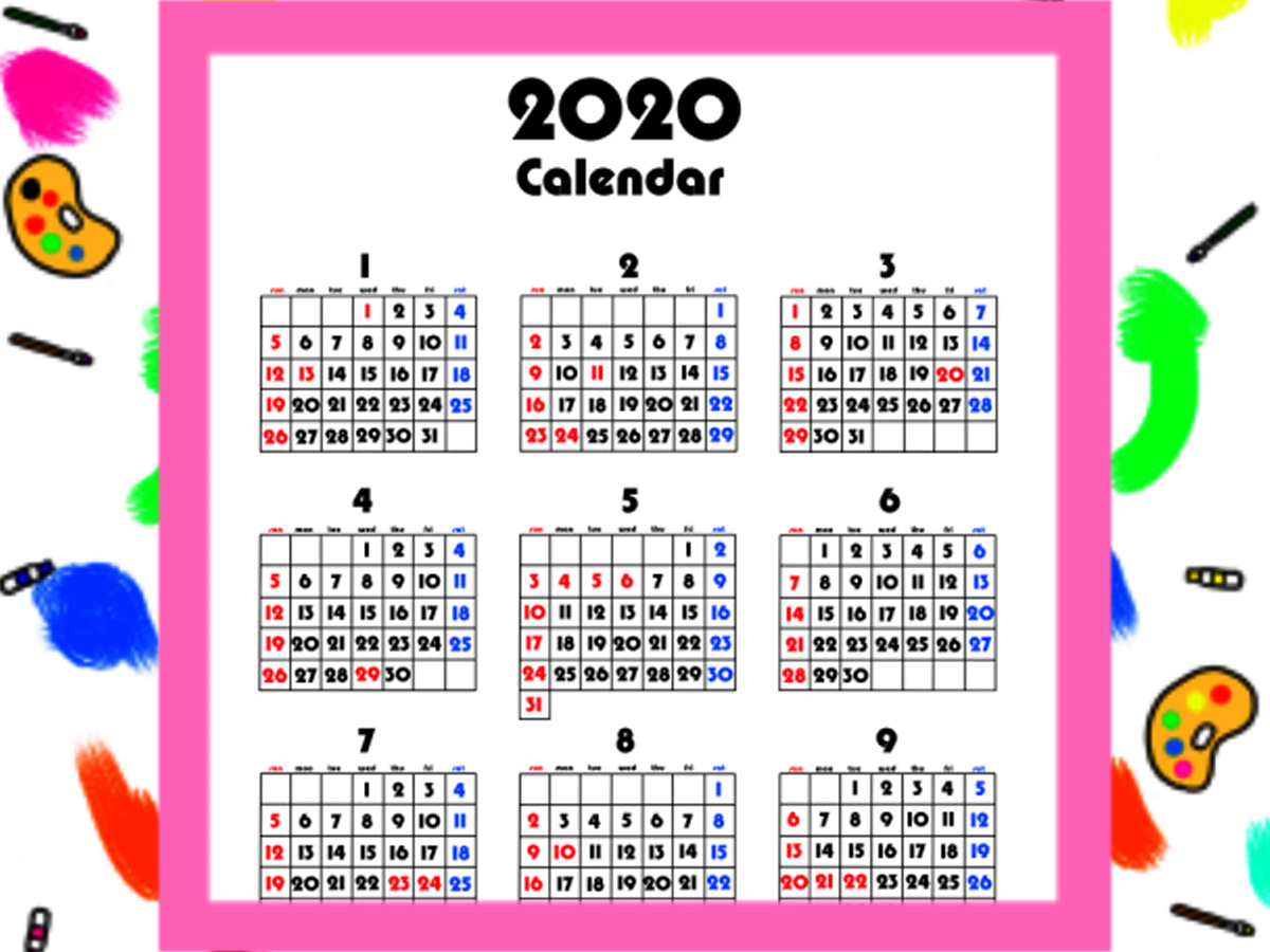 カレンダー2020年　無料ダウンロード・印刷　シンプル年間　背景透過PNG形式