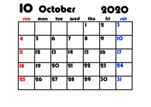 2020年無料カレンダー　シンプル背景透過　日曜始まり　令和2年10月