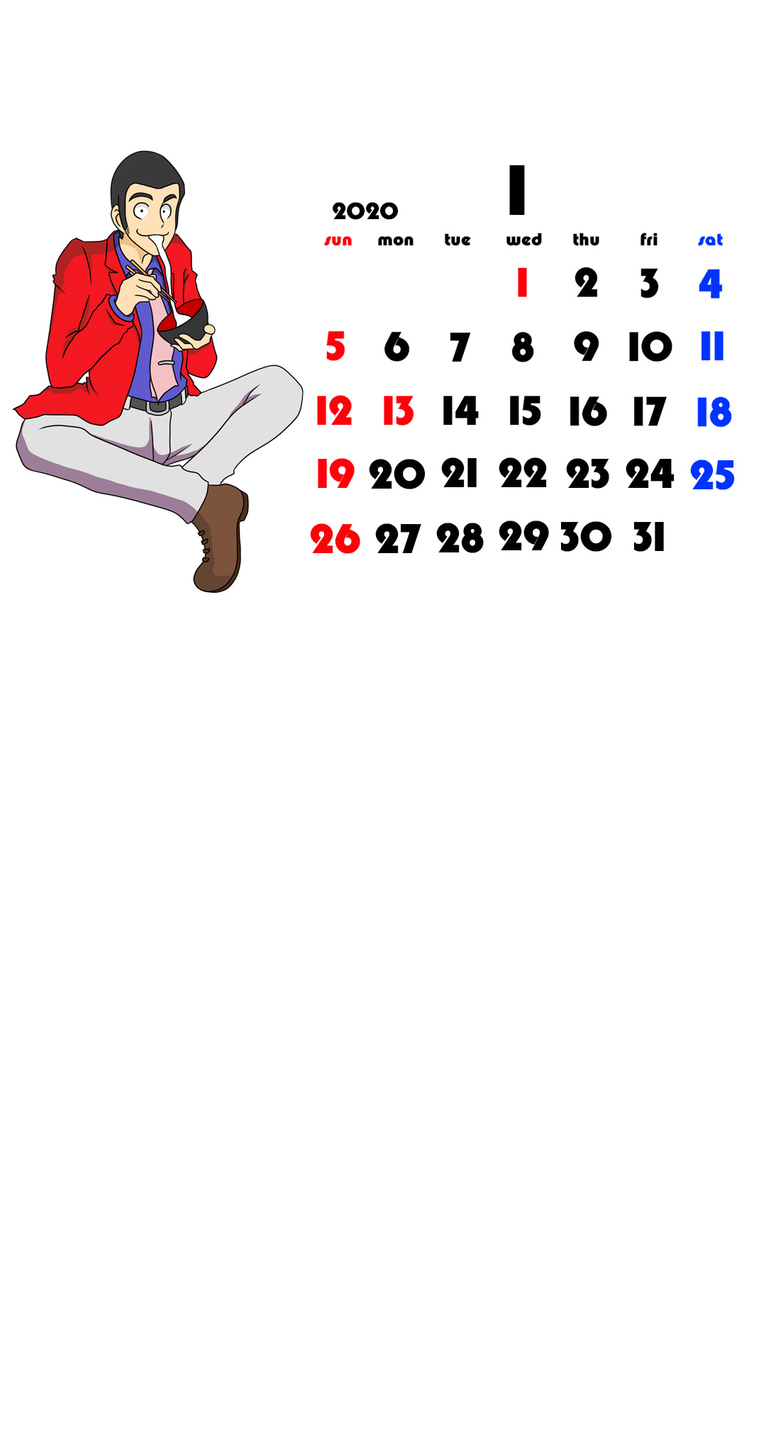 待ち受けカレンダー　スマホ壁紙　ルパン三世　Android用　日曜始まり