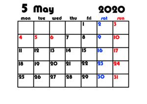 2020年無料カレンダー　シンプル背景透過　　月曜始まり　令和2年5月