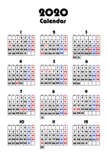 2020年　年間カレンダー　シンプル背景透過　月曜始まり