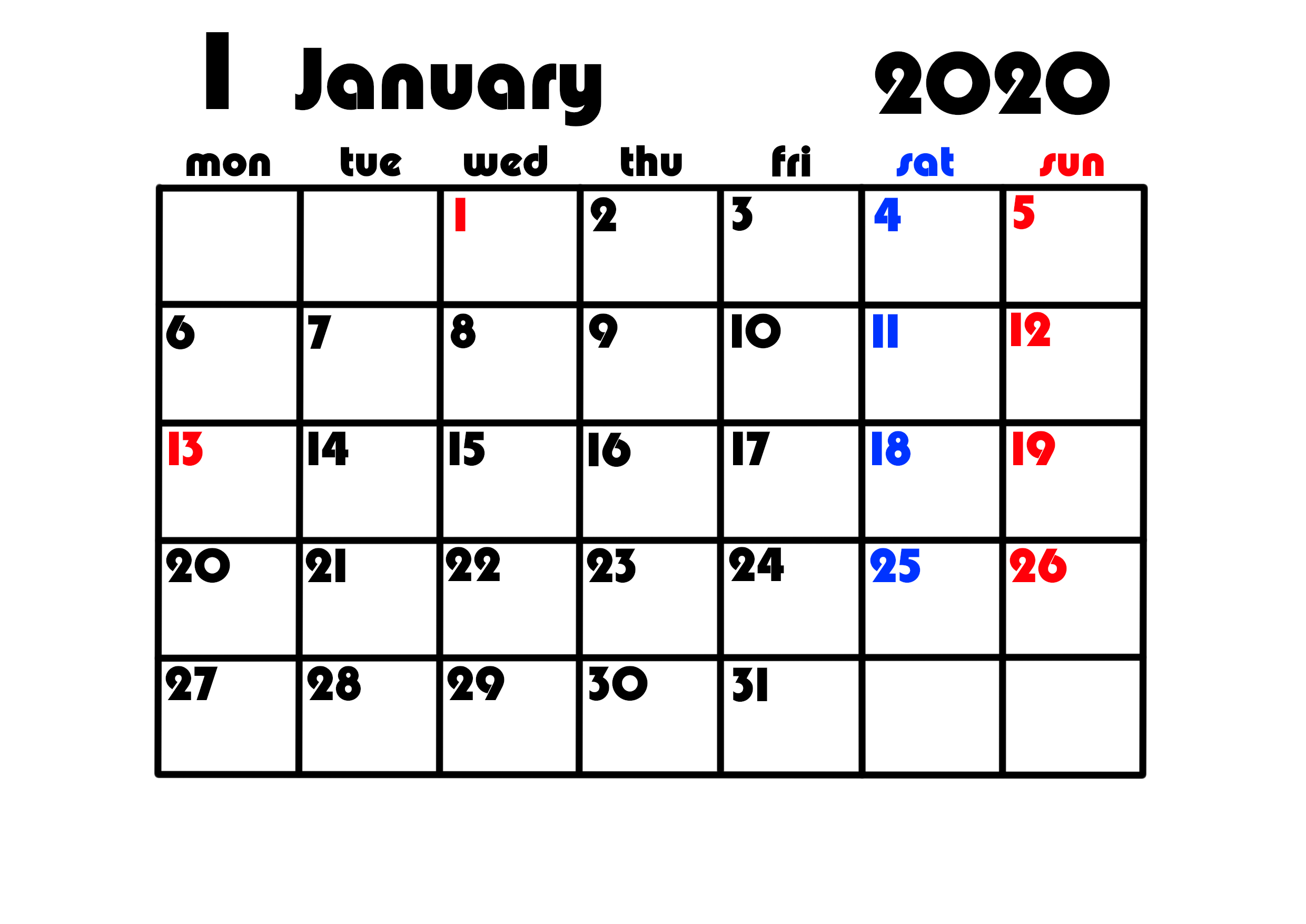 カレンダー2020年 月間シンプル背景透過 月曜始まり 無料ダウンロード 印刷 かくぬる工房