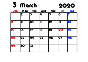 2020年無料カレンダー　シンプル背景透過　日曜始まり　令和2年3月