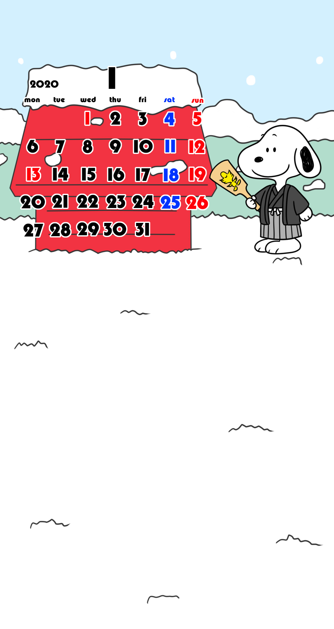 待ち受けカレンダー　スマホ壁紙　スヌーピー　Android用　月曜始まり