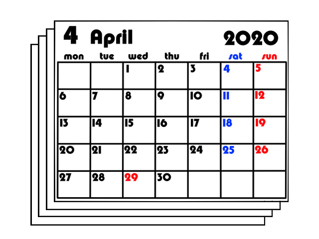 年4月始まりカレンダー 背景透過 月間月曜始まり 無料ダウンロード 印刷 かくぬる工房