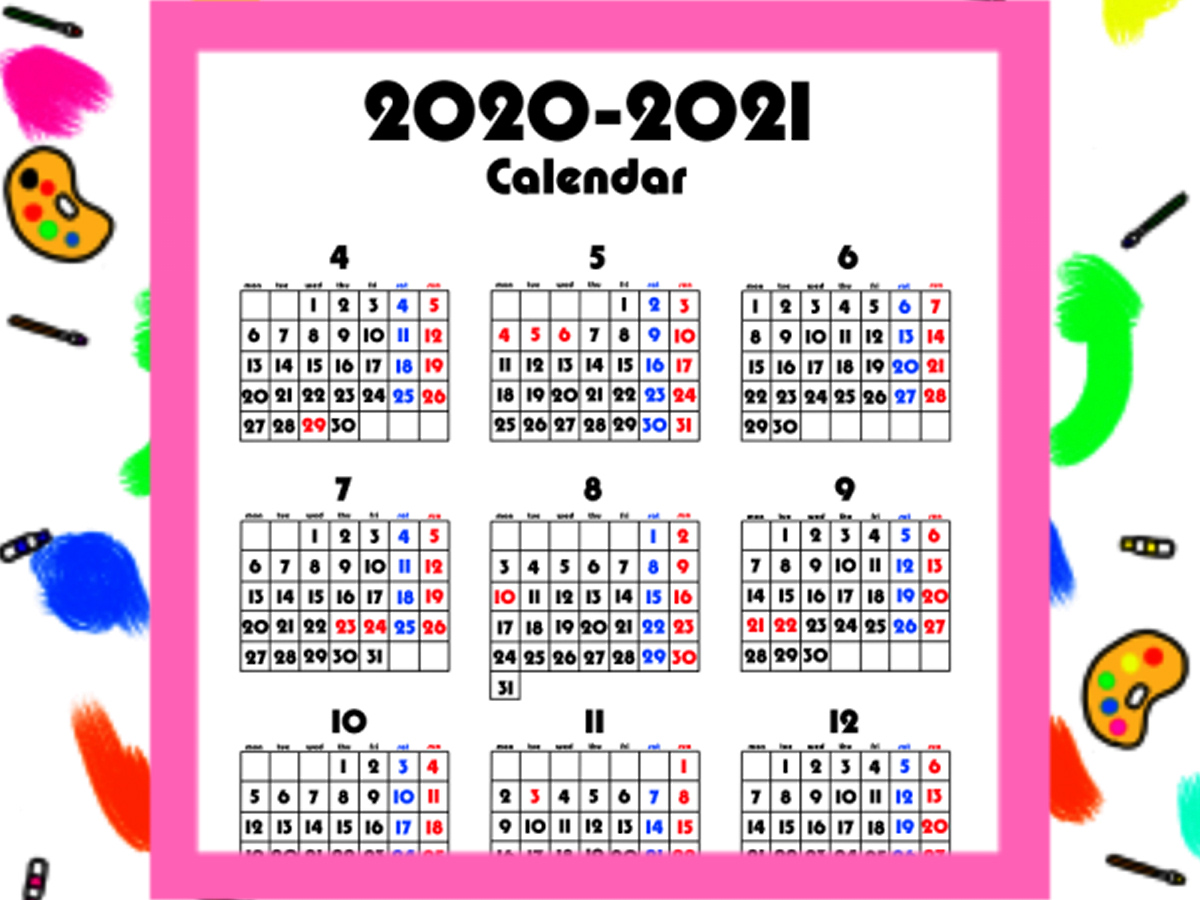 2020年4月始まり年間カレンダー　背景透過PNG形式　無料ダウンロード・印刷