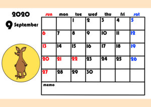 ムーミンカレンダー　2020年4月始まり　月間日曜始まり　令和2年9月