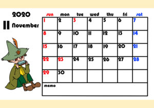 ムーミンカレンダー　2020年4月始まり　月間日曜始まり　令和2年11月