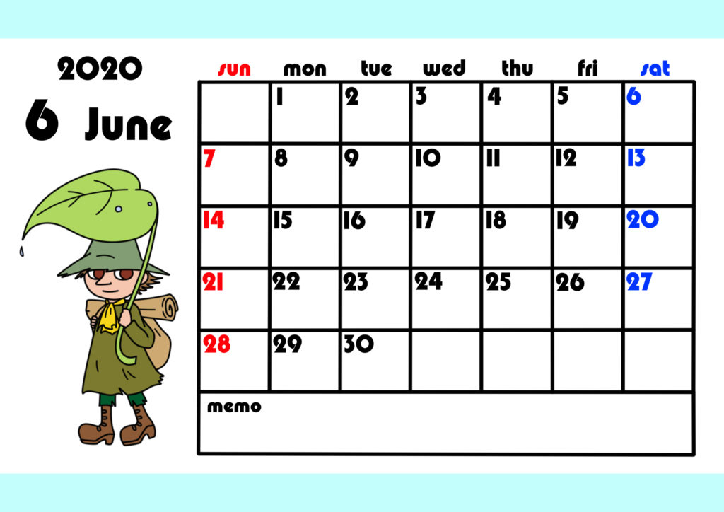 ムーミンカレンダー　2020年4月始まり　月間日曜始まり　令和2年6月