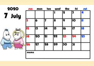 ムーミンカレンダー　2020年4月始まり　月間日曜始まり　令和2年7月
