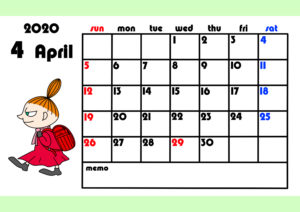 ムーミンカレンダー　2020年4月始まり　月間日曜始まり　令和2年4月