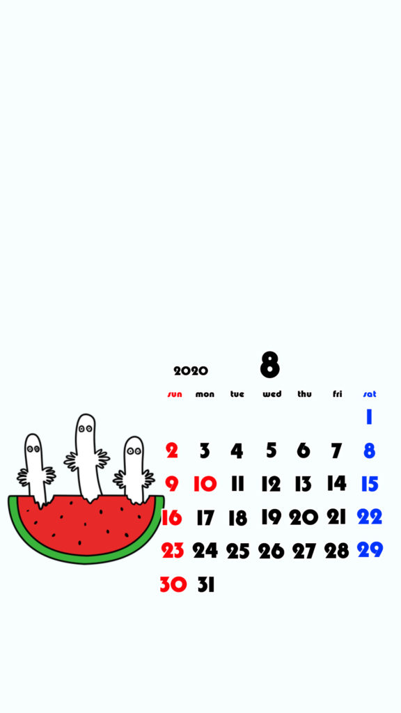 ムーミン風　2020年8月　ムーミン　ニョロニョロ　スマホ壁紙待ち受けカレンダー　Android用
