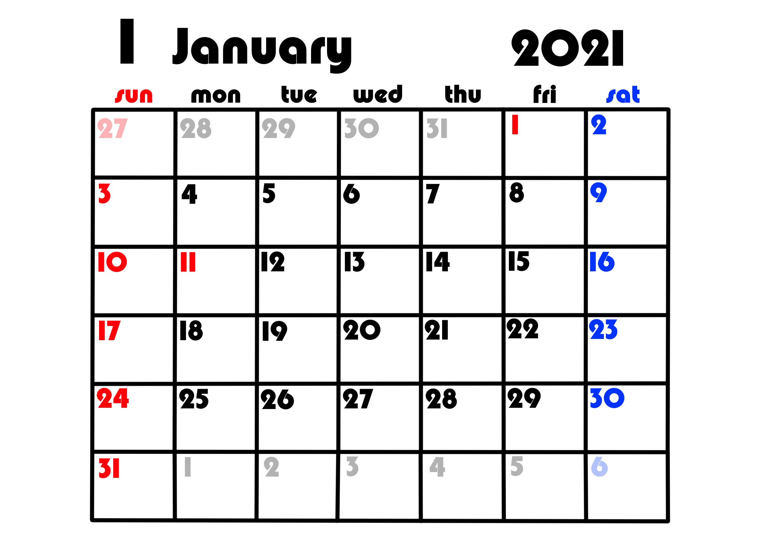 令和3年 シンプル月間カレンダー 背景透過 英字 日曜始まり 無料ダウンロード 印刷 かくぬる工房