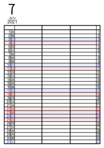 2021年家族カレンダー　シンプル　背景透過PNG形式　3人用　7月