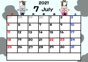 2021年カレンダー　無料ダウンロード　干支　動物　日曜始まり　令和3年7月