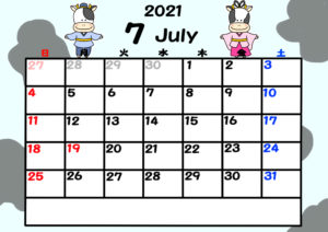 2021年カレンダー　無料ダウンロード　干支　動物　日曜始まり　令和3年7月