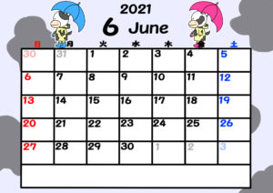 2021年カレンダー　無料ダウンロード　干支　動物　日曜始まり　令和3年6月