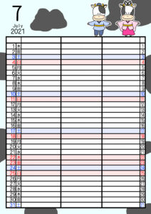 2021年家族カレンダー　無料ダウンロード　干支　動物　3人用　令和3年7月