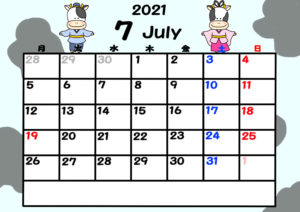 2021年カレンダー　無料ダウンロード　干支　動物　月曜始まり　令和3年7月