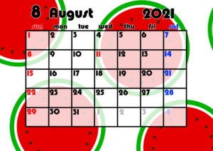 2021年月間カレンダー　果物　フルーツ　令和3年8月　スイカ