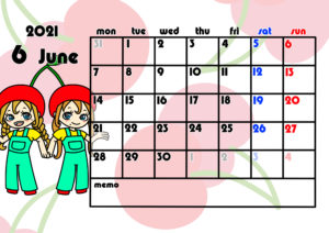 2021年月間カレンダー　季節の果物　女の子　月曜始まり　令和3年6月