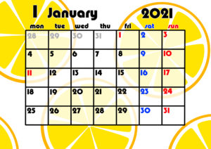 2021年月間カレンダー　果物　フルーツ　令和3年1月　オレンジ　みかん