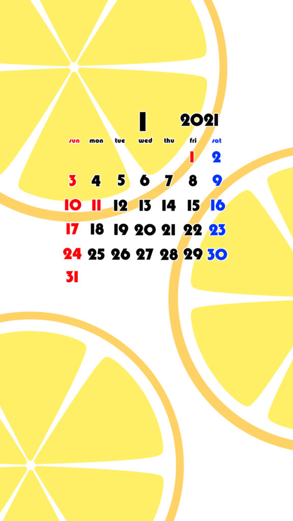 2021年　果物　フルーツ　スマホ壁紙待ち受けカレンダー　iPhone　Android　令和3年1月　オレンジ