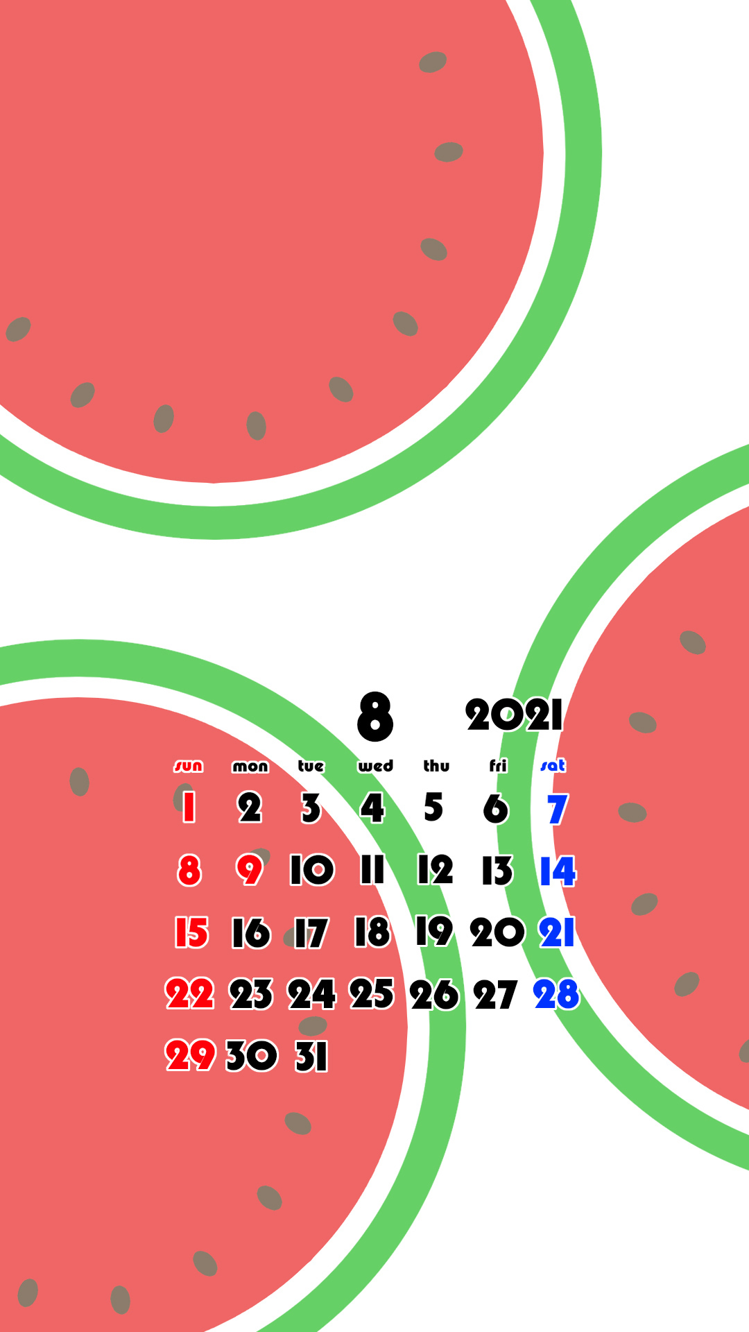 2021年　果物　フルーツ　スマホ壁紙待ち受けカレンダー　iPhone　Android　令和3年8月　スイカ