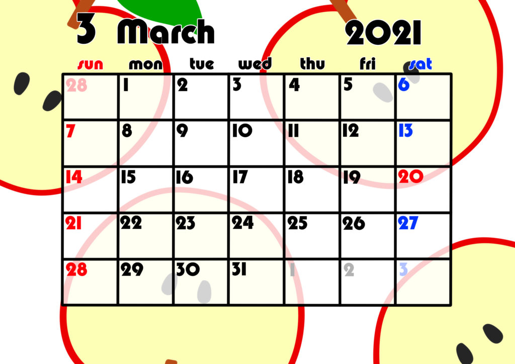 2021年月間カレンダー　果物　フルーツ　令和3年3月　りんご