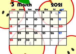 2021年月間カレンダー　果物　フルーツ　令和3年3月　りんご