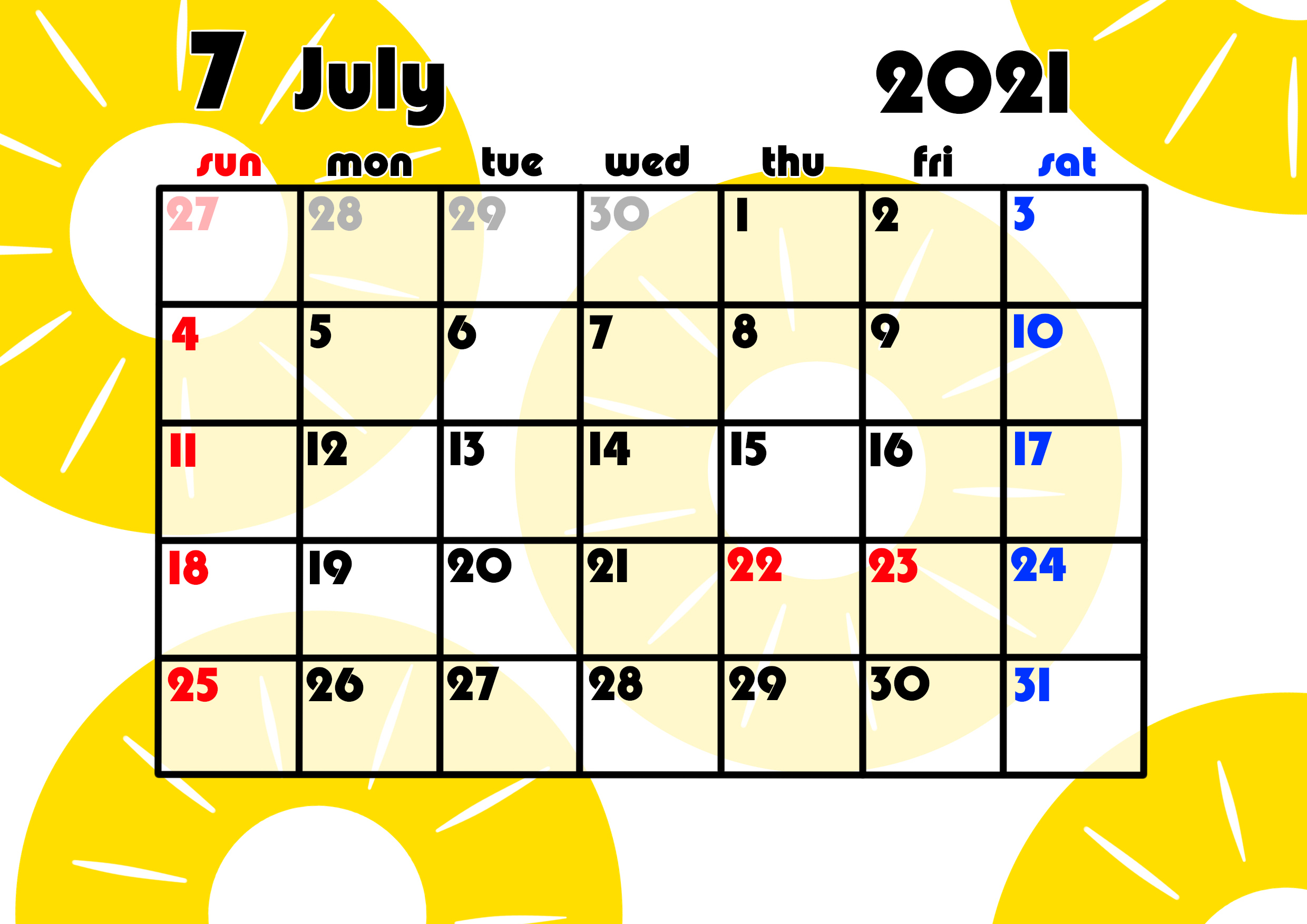 2021年月間カレンダー　果物　フルーツ　令和3年7月　パイナップル