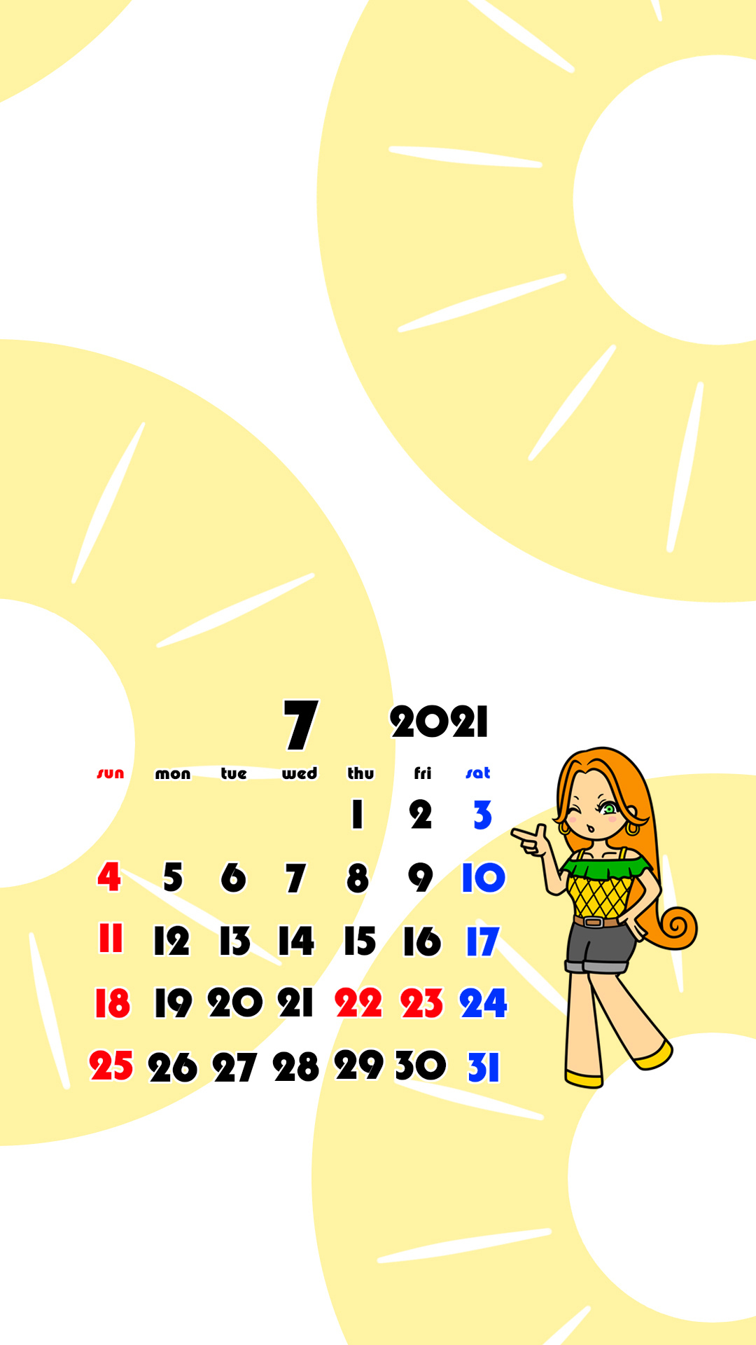 2021年　女の子　果物　フルーツ　スマホ壁紙待ち受けカレンダー　iPhone　Android　令和3年7月　パイナップル