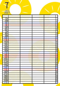 2021年家族カレンダー　無料ダウンロード　果物　フルーツ　4人用　令和3年7月パイナップル