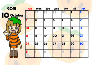 2021年月間カレンダー　季節の果物　女の子　日曜始まり　令和3年10月