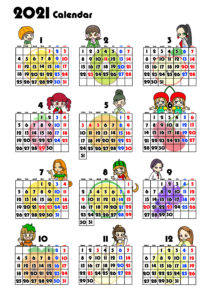 2021年　年間カレンダー　果物　フルーツ　女の子　令和3年　月曜始まり
