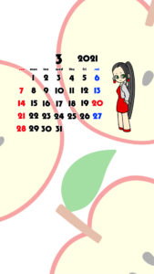 2021年　女の子　果物　フルーツ　スマホ壁紙待ち受けカレンダー　iPhone　Android　令和3年3月　りんご