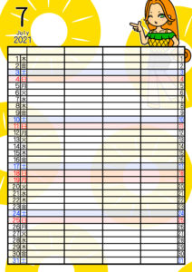 2021年家族カレンダー　無料ダウンロード　果物　フルーツ　女の子　4人用　令和3年7月パイナップル