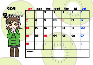 2021年月間カレンダー　季節の果物　女の子　日曜始まり　令和3年2月