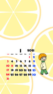 2021年　女の子　果物　フルーツ　スマホ壁紙待ち受けカレンダー　iPhone　Android　令和3年1月　オレンジ