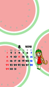 2021年　女の子　果物　フルーツ　スマホ壁紙待ち受けカレンダー　iPhone　Android　令和3年8月　スイカ
